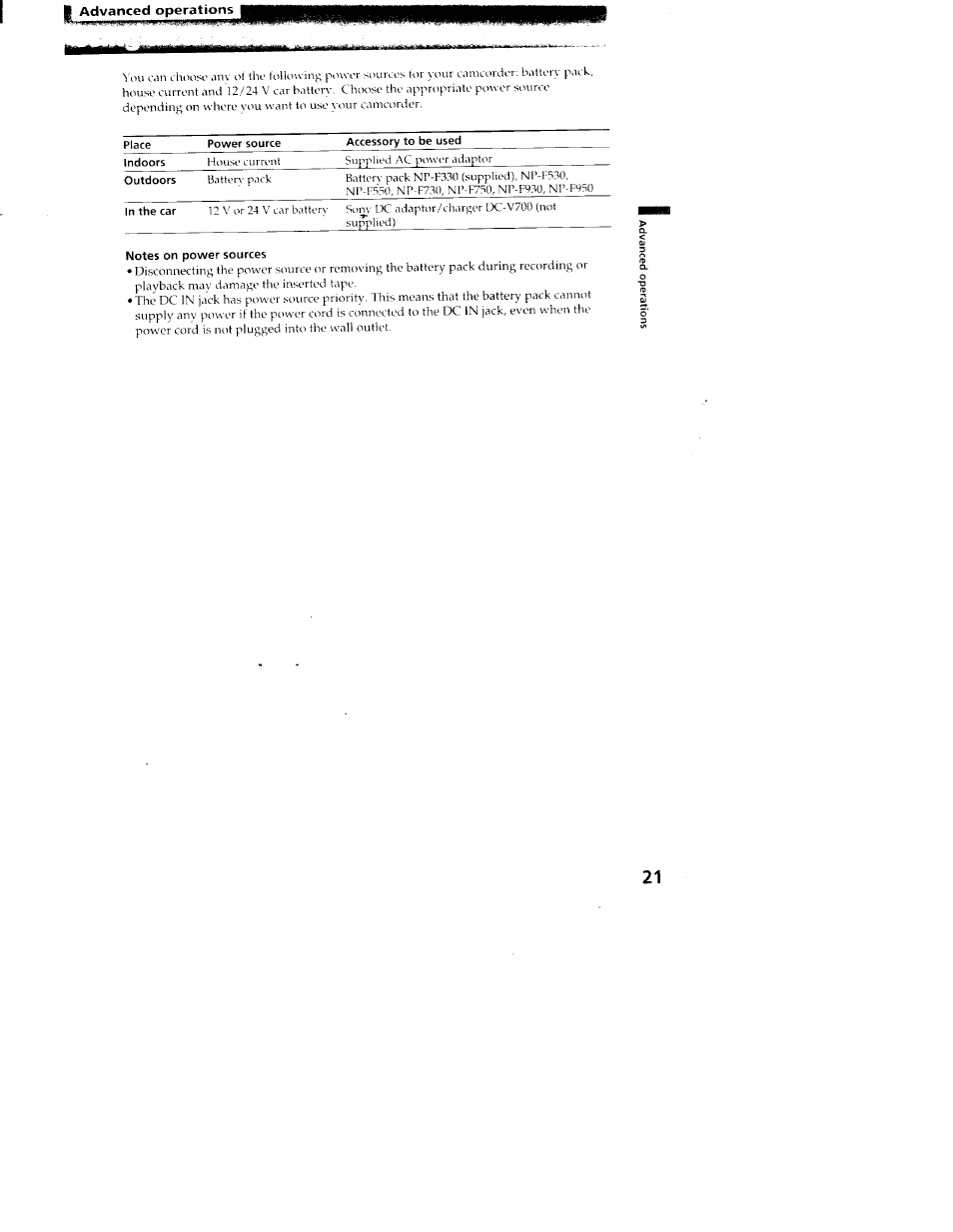 Notes on power sources | Sony CCD-TR416 User Manual | Page 21 / 77