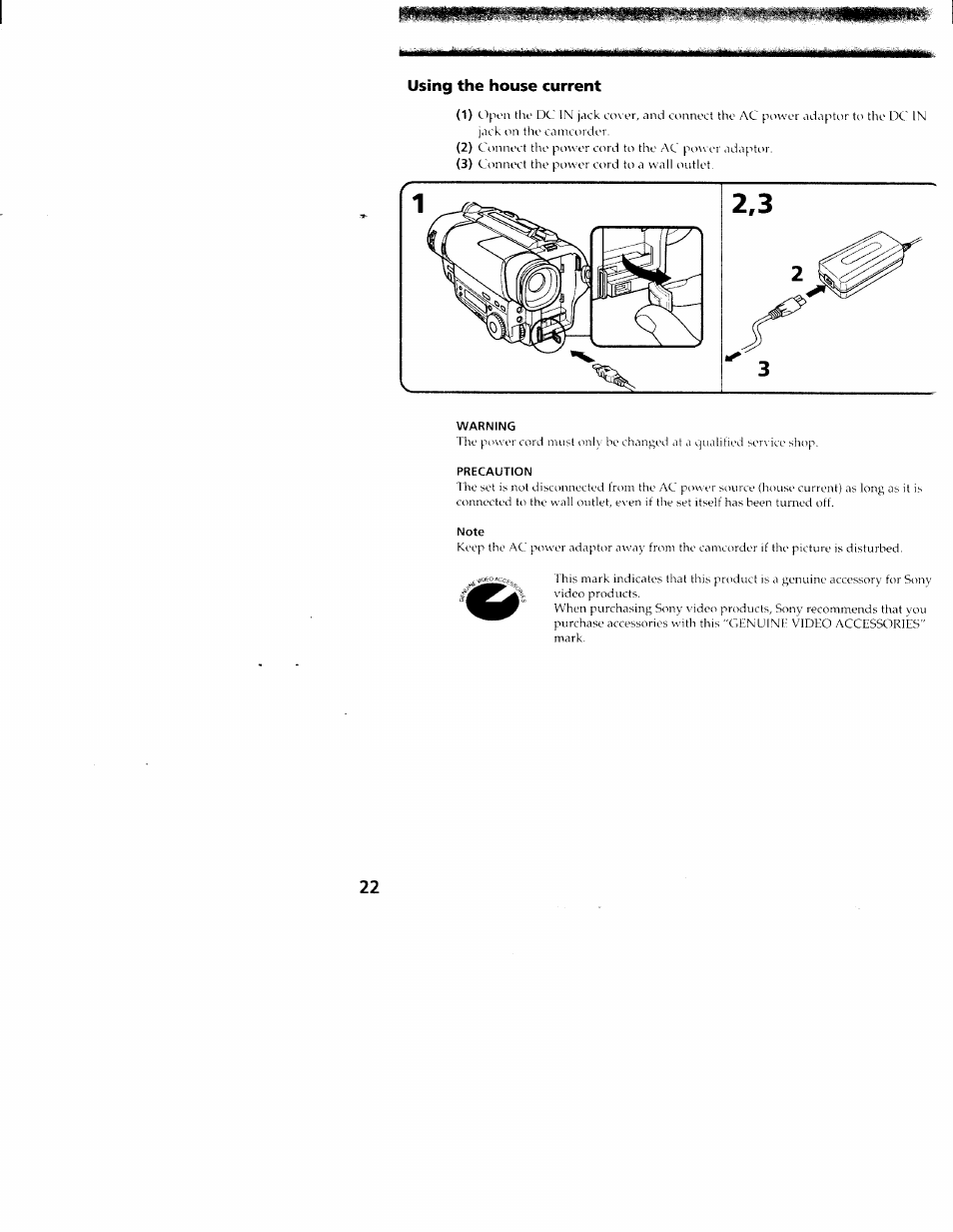 Using the house current, Warning, Precaution | Note | Sony CCD-TR416 User Manual | Page 22 / 77
