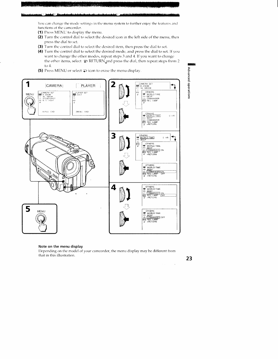 Note on the menu display, Jiiitiijtohii iu | Sony CCD-TR416 User Manual | Page 23 / 77