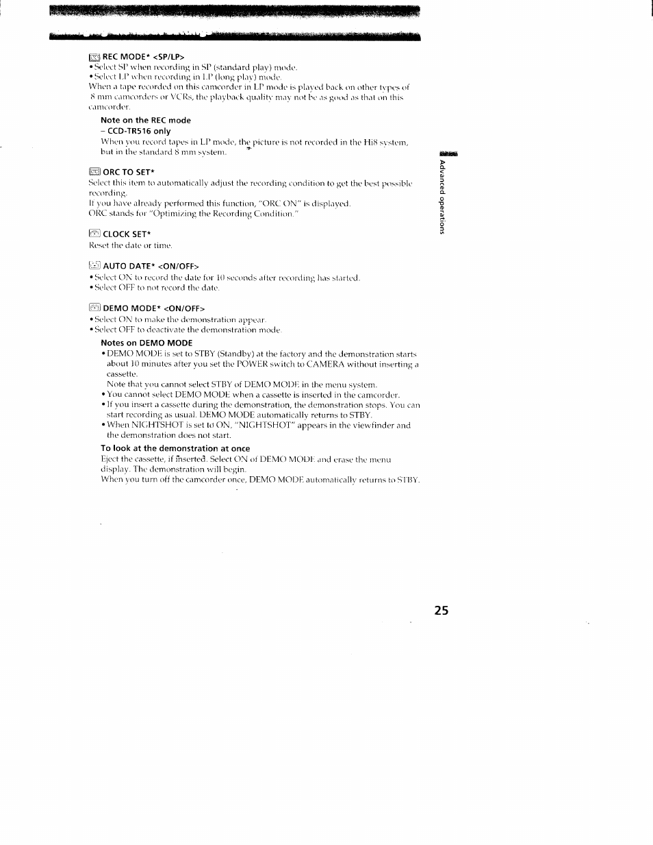 El rec mode* <sp/lp, Note on the rec mode -ccd-tr516only, Horc to set | C3 clock set, C3 demo mode* <on/off, Notes on demo mode, To look at the demonstration at once | Sony CCD-TR416 User Manual | Page 25 / 77