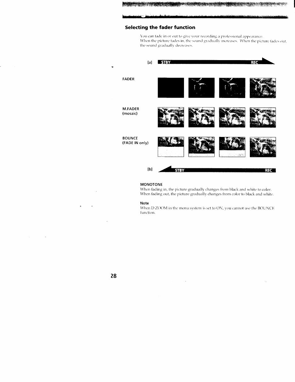 Selecting the fader function, Fader, M.fader (mosaic) | Bounce (fade in only), Monotone, Note | Sony CCD-TR416 User Manual | Page 28 / 77