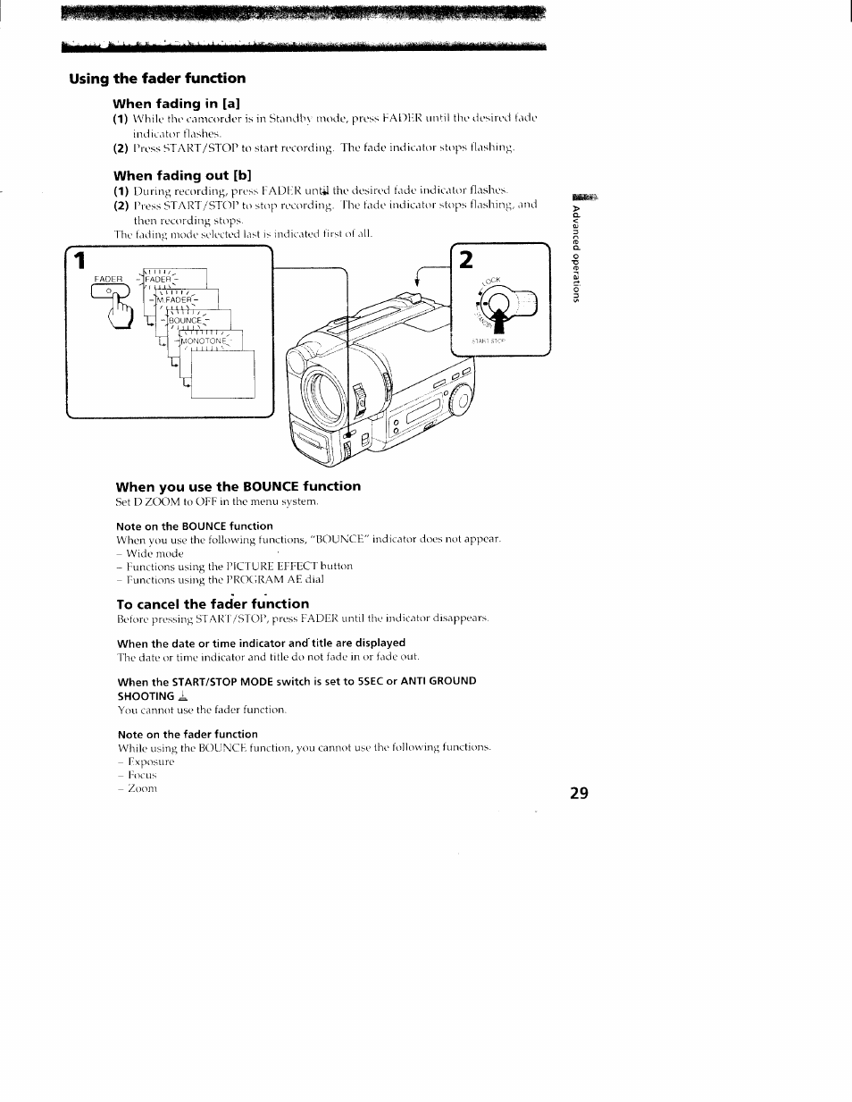 Using the fader function, When fading in [a, When fading out [b | When you use the bounce function, Note on the bounce function, To cancel the fader function, Note on the fader function, Using the fat3er function, Lull a using the fader function | Sony CCD-TR416 User Manual | Page 29 / 77