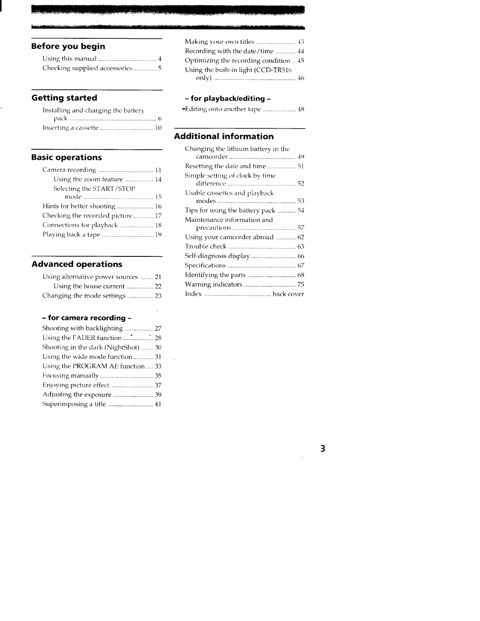 Before you begin, Getting started, Basic operations | Advanced operations, Additional information | Sony CCD-TR416 User Manual | Page 3 / 77