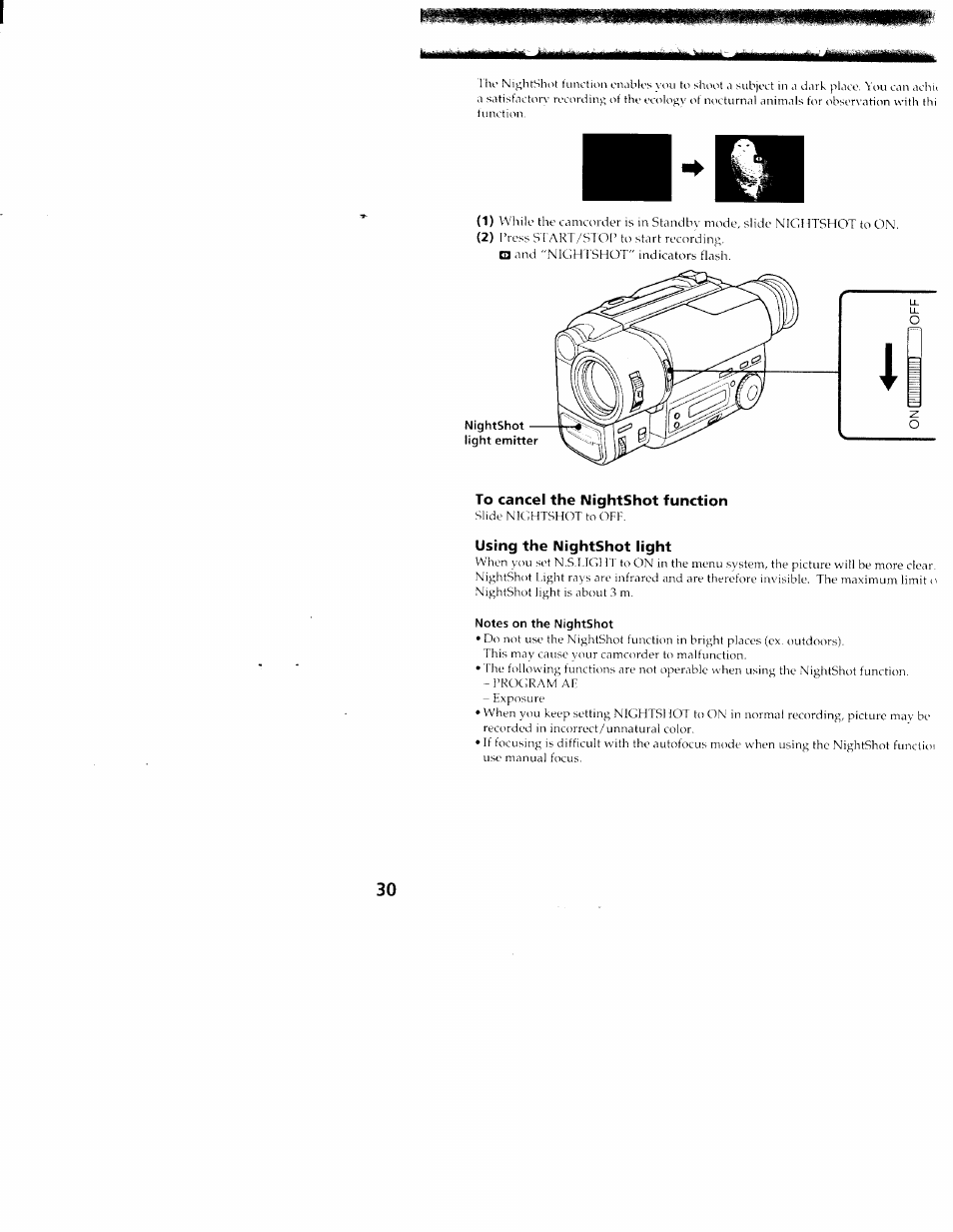 To cancel the nightshot function, Using the nightshot light, Notes on the nightshot | Sony CCD-TR416 User Manual | Page 30 / 77