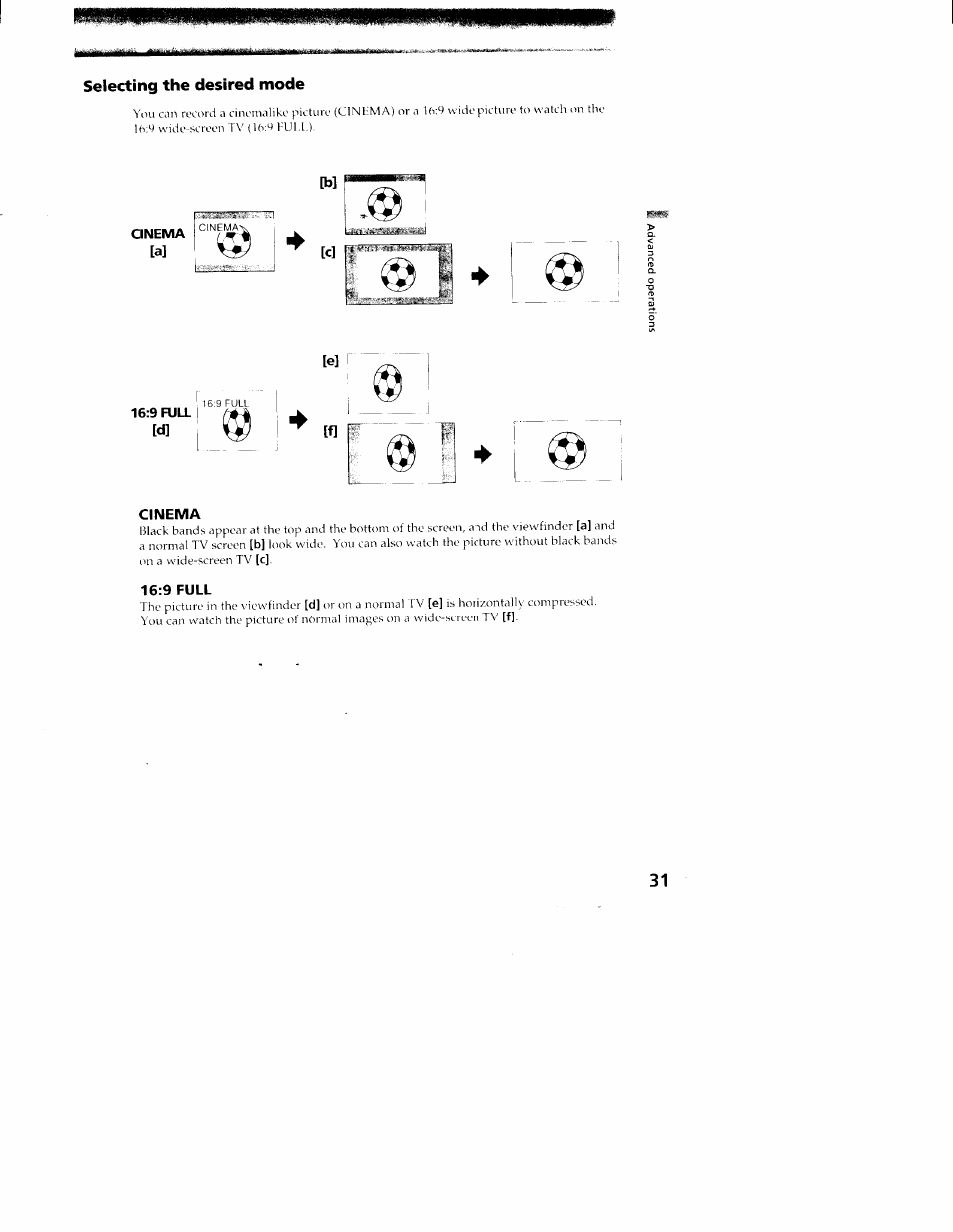 Selecting the desired mode, Cinema, 9 full | Sony CCD-TR416 User Manual | Page 31 / 77