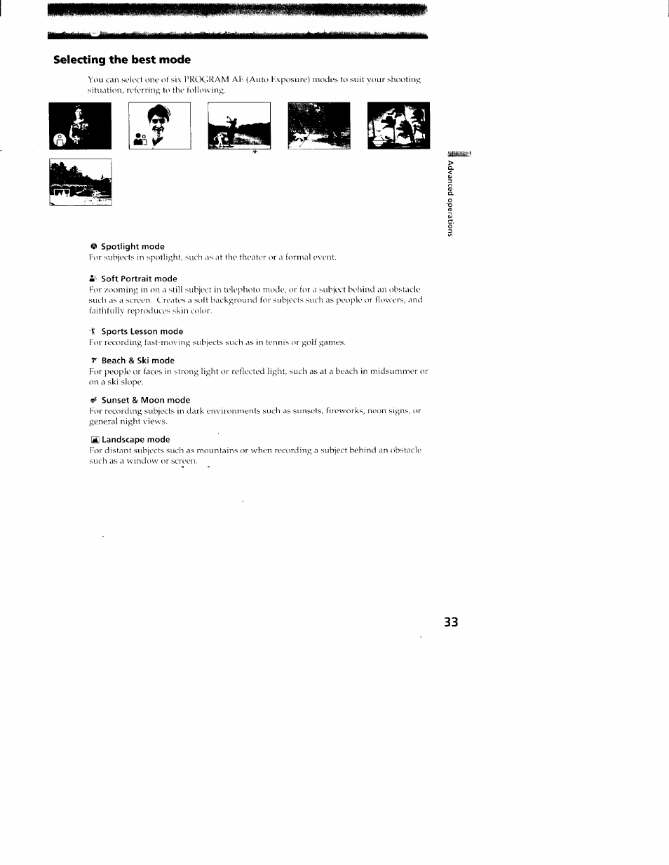 Selecting the best mode, Spotlight mode, Soft portrait mode | T sports lesson mode, T beach & ski mode, Sunset & moon mode, Landscape mode | Sony CCD-TR416 User Manual | Page 33 / 77