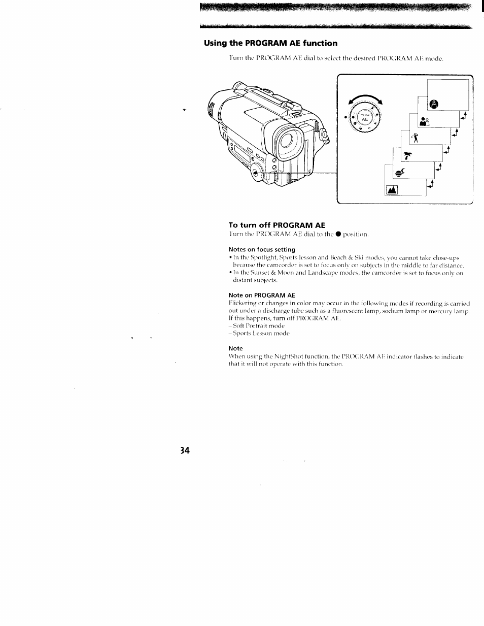 Using the program ae function, To turn off program ae, Notes on focus setting | Note on program ae, Note | Sony CCD-TR416 User Manual | Page 34 / 77