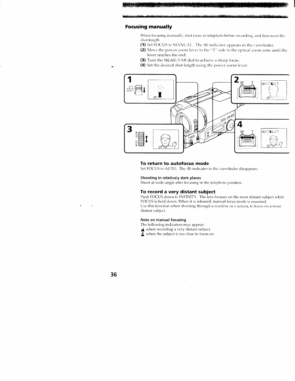 Focusing manually, To return to autofocus mode, To record a very distant subject | Шт mm | Sony CCD-TR416 User Manual | Page 36 / 77