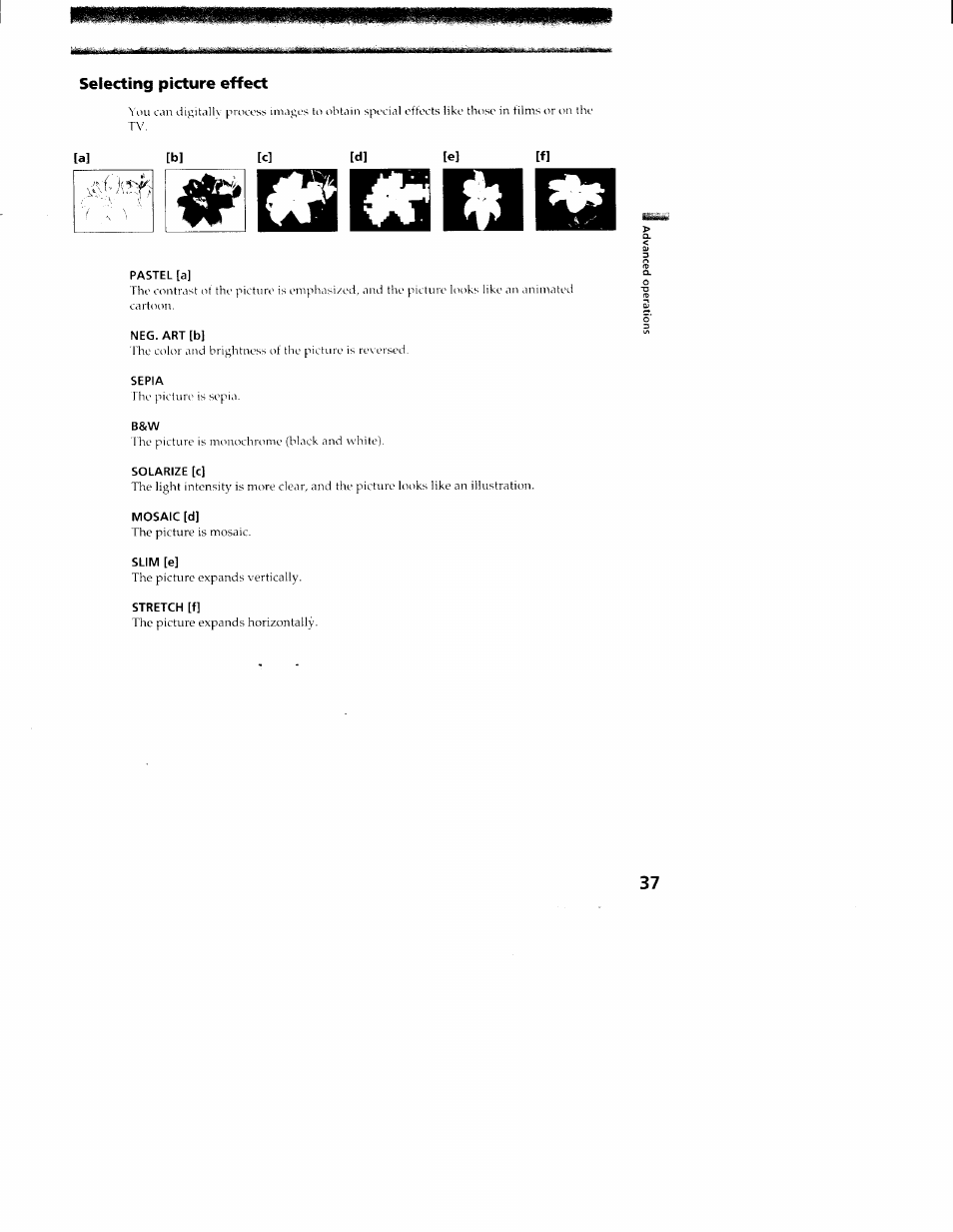 Selecting picture effect, Pastel [a, Neg. art [b | Sepia, Solarize [c, Mosaic [d, Slim [e, Stretch [f, Enjoying picture effect | Sony CCD-TR416 User Manual | Page 37 / 77