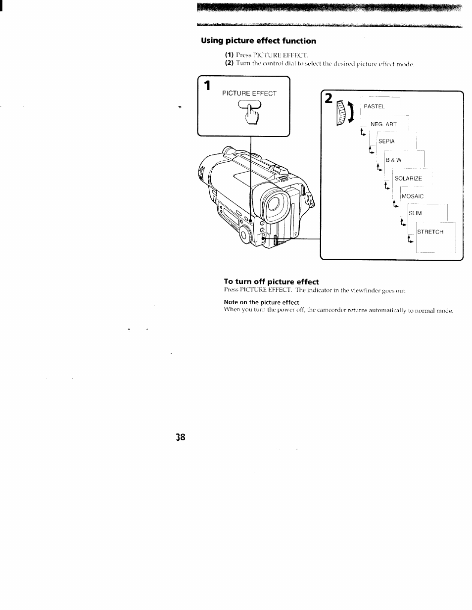 Using picture effect function, To turn off picture effect | Sony CCD-TR416 User Manual | Page 38 / 77