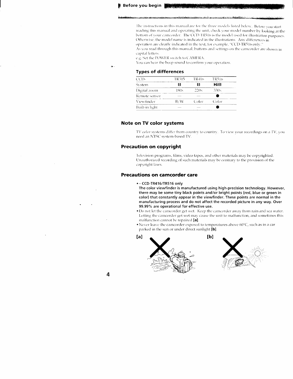 Types of differences, Note on tv color systems, Precaution on copyright | Precautions on camcorder care | Sony CCD-TR416 User Manual | Page 4 / 77