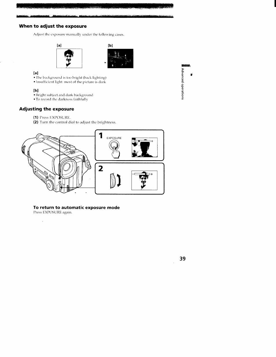 When to adjust the exposure, Adjusting the exposure, To return to automatic exposure mode | Sony CCD-TR416 User Manual | Page 40 / 77