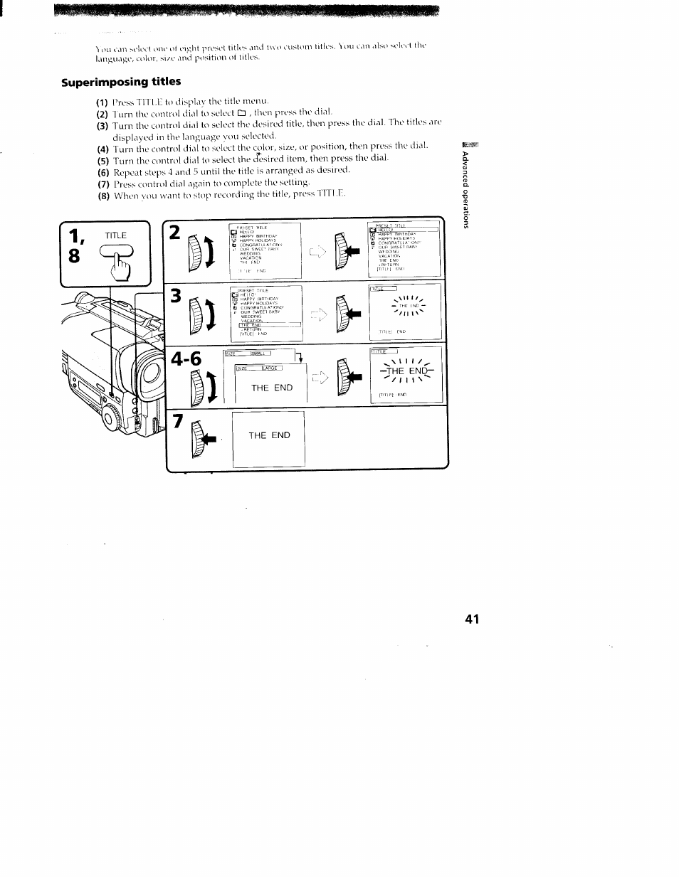 Superimposing titles, Superimposing a title | Sony CCD-TR416 User Manual | Page 42 / 77