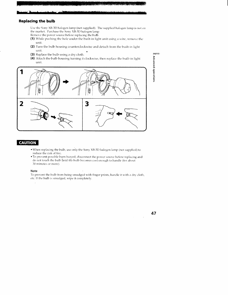 Repjacing the bulb, Caution, Note | Sony CCD-TR416 User Manual | Page 48 / 77