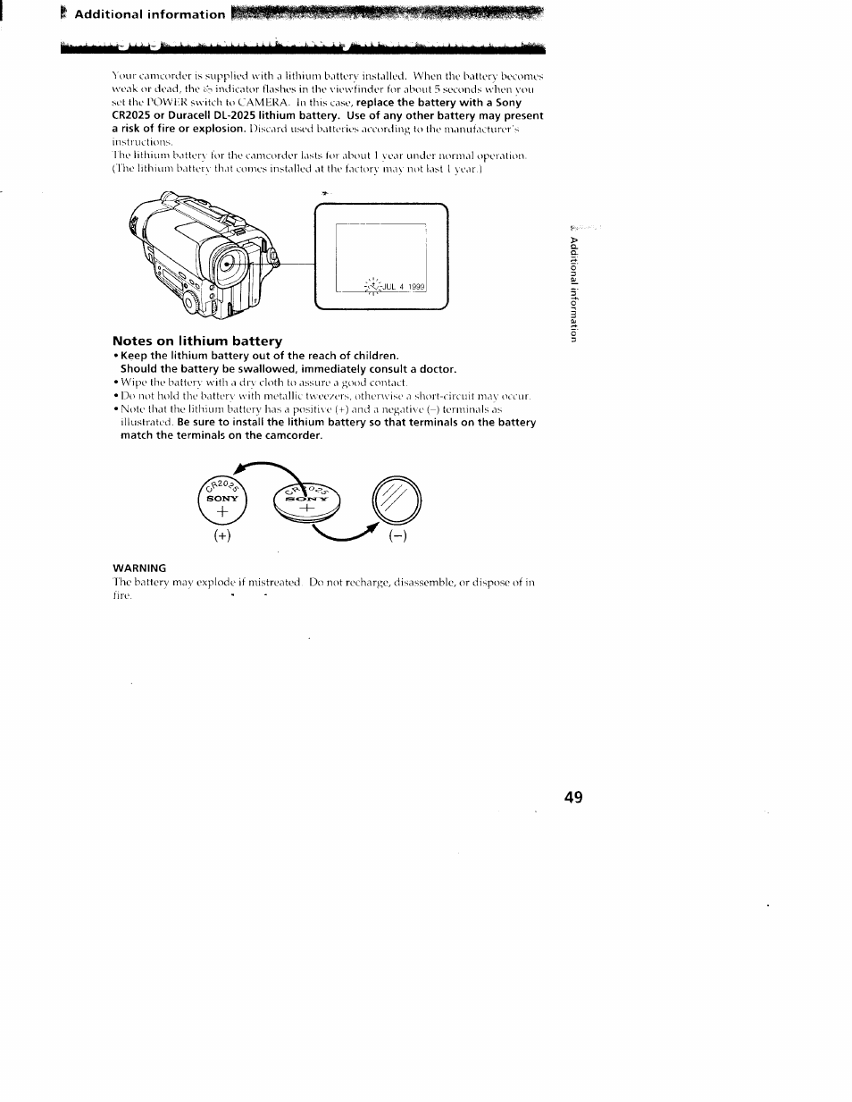 Iimhiiiiir mt im, Notes on lithium battery, Warning | Sony CCD-TR416 User Manual | Page 50 / 77