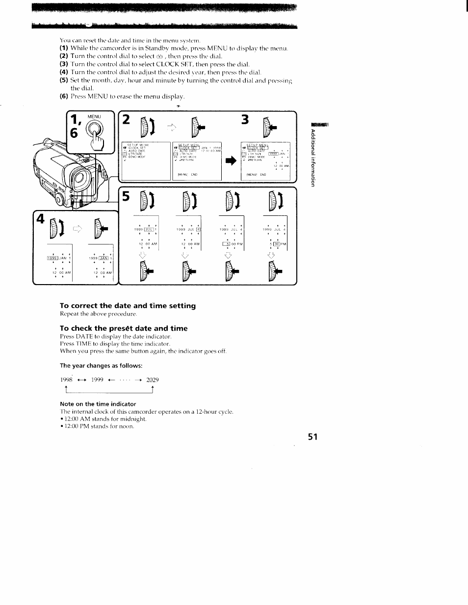 To correct the date and time setting, To check the preset date and time, The year changes as follows | Note on the time indicator | Sony CCD-TR416 User Manual | Page 52 / 77
