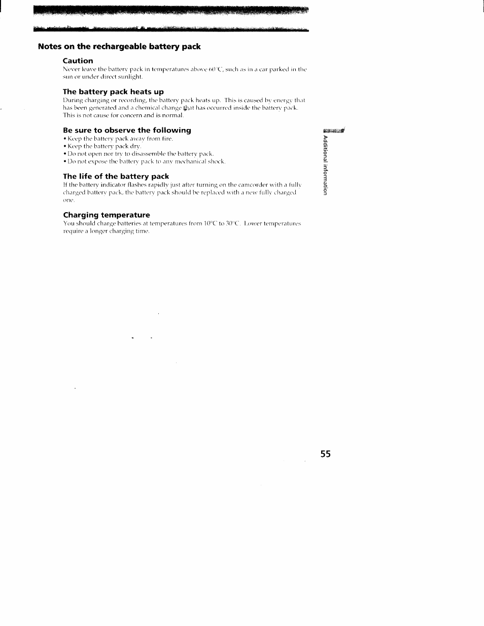 Notes on the rechargeable battery pack, Caution, The battery pack heats up | Be sure to observe the following, The life of the battery pack, Charging temperature | Sony CCD-TR416 User Manual | Page 56 / 77
