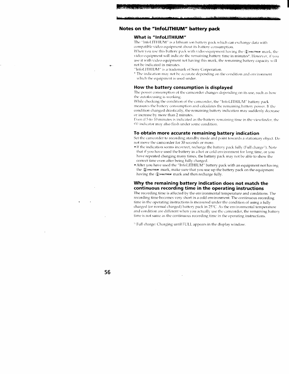 Notes on the "infolithium" battery pack, What is "infolithium, How the battery consumption is displayed | Sony CCD-TR416 User Manual | Page 57 / 77