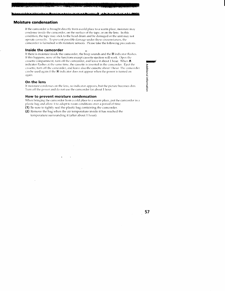 Moisture condensation, Inside the camcorder, On the lens | How to prevent moisture condensation | Sony CCD-TR416 User Manual | Page 58 / 77