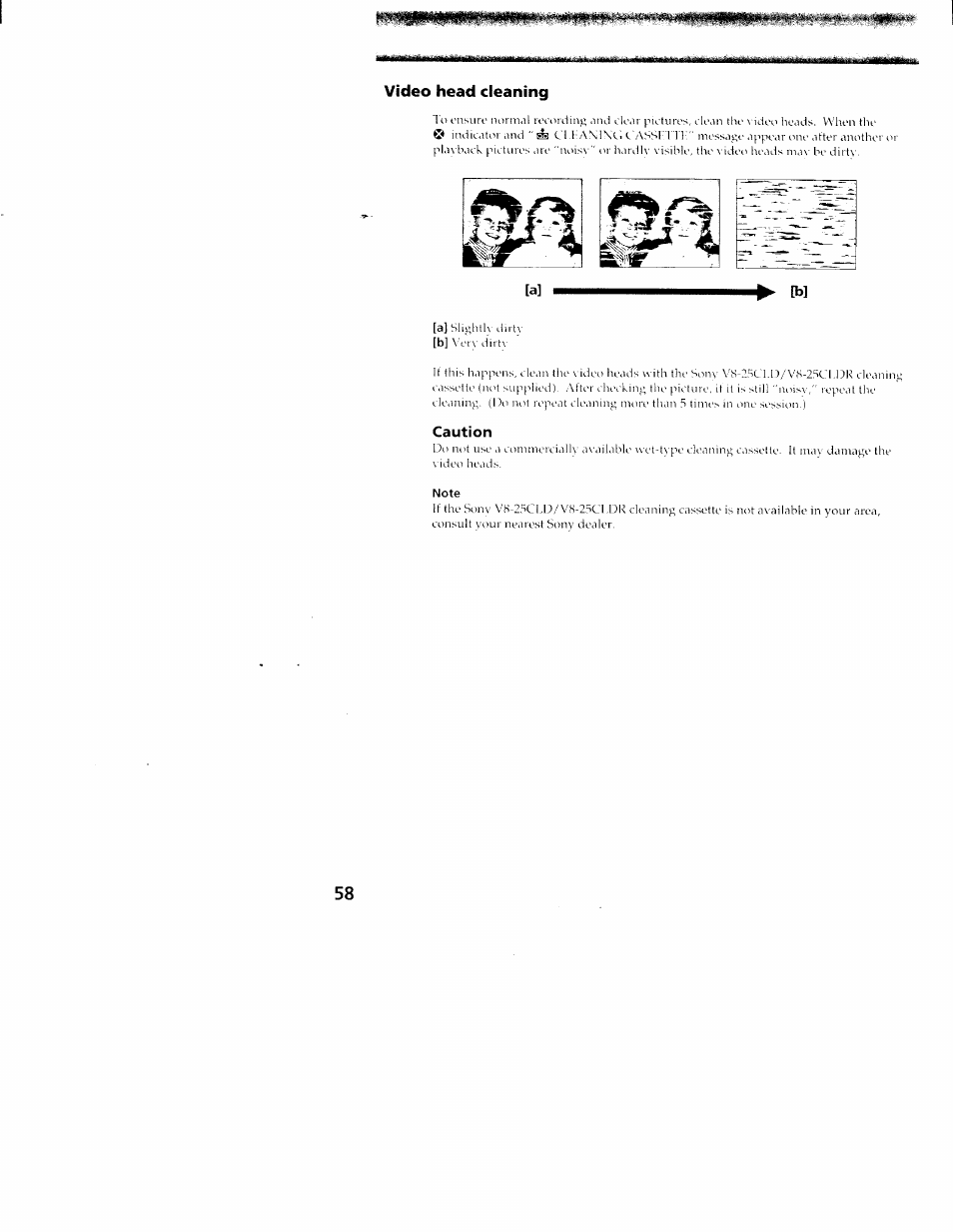 Video head cleaning, Caution, Note | Sony CCD-TR416 User Manual | Page 59 / 77