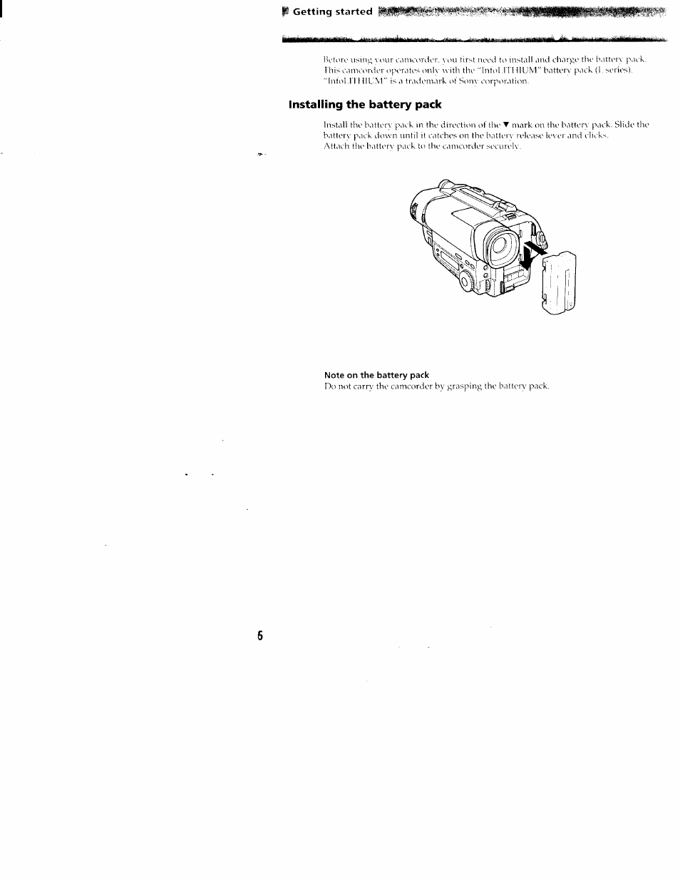 Installing the battery pack, Note on the battery pack | Sony CCD-TR416 User Manual | Page 6 / 77