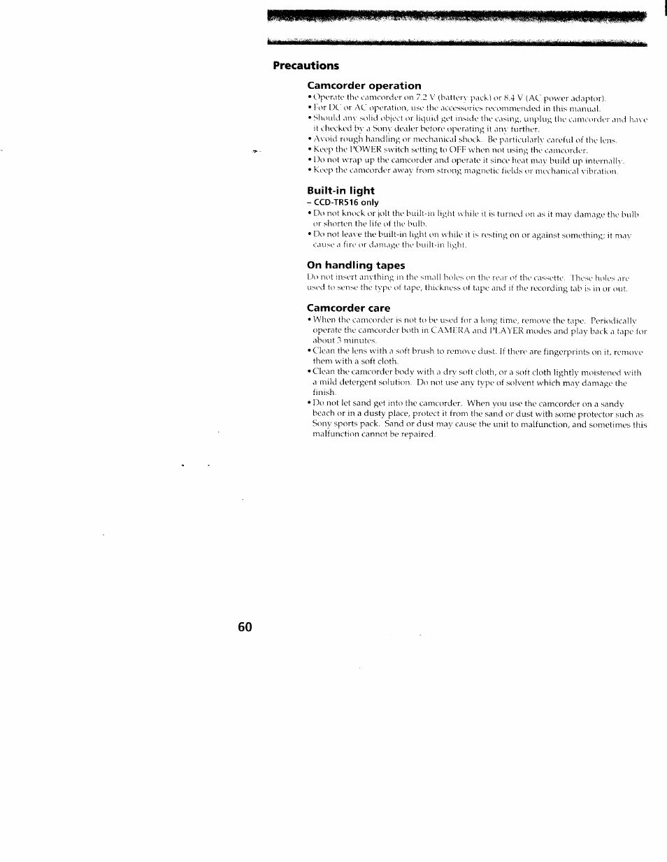 Precautions, Camcorder operation, Built-in light | Ccd-tr516only, On handling tapes, Camcorder care | Sony CCD-TR416 User Manual | Page 61 / 77