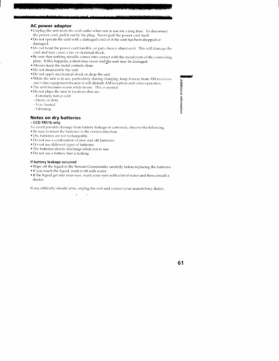 Ac power adaptor, Notes on dry batteries, Ccd-tr516only | If battery leakage occurred | Sony CCD-TR416 User Manual | Page 62 / 77