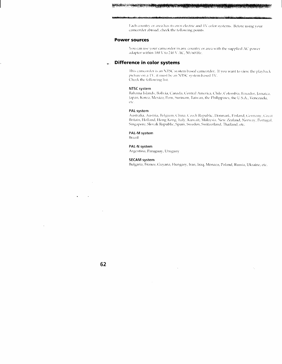 Power sources, Difference in color systems, Ntsc system | Pal system, Pal-m system, Pal-n system, Secam system | Sony CCD-TR416 User Manual | Page 63 / 77