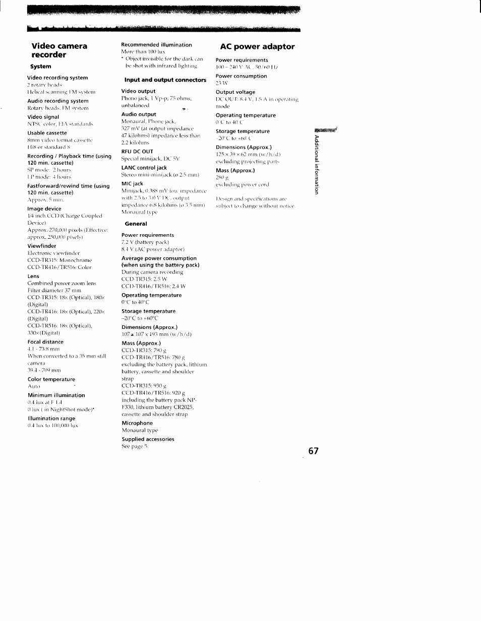 Тшшт, Video camera recorder, Ac power adaptor | Lire | Sony CCD-TR416 User Manual | Page 68 / 77