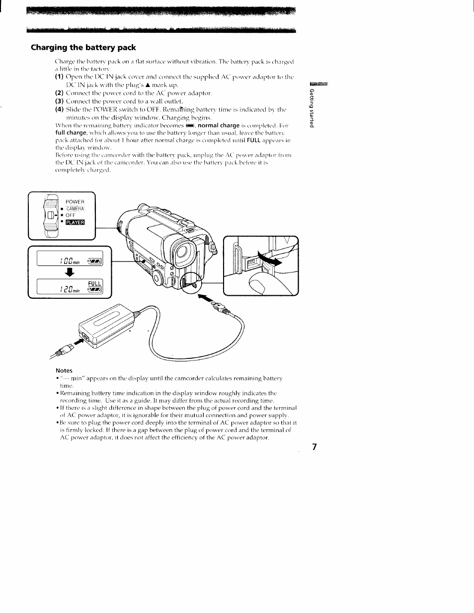 Charging the battery pack, Notes | Sony CCD-TR416 User Manual | Page 7 / 77