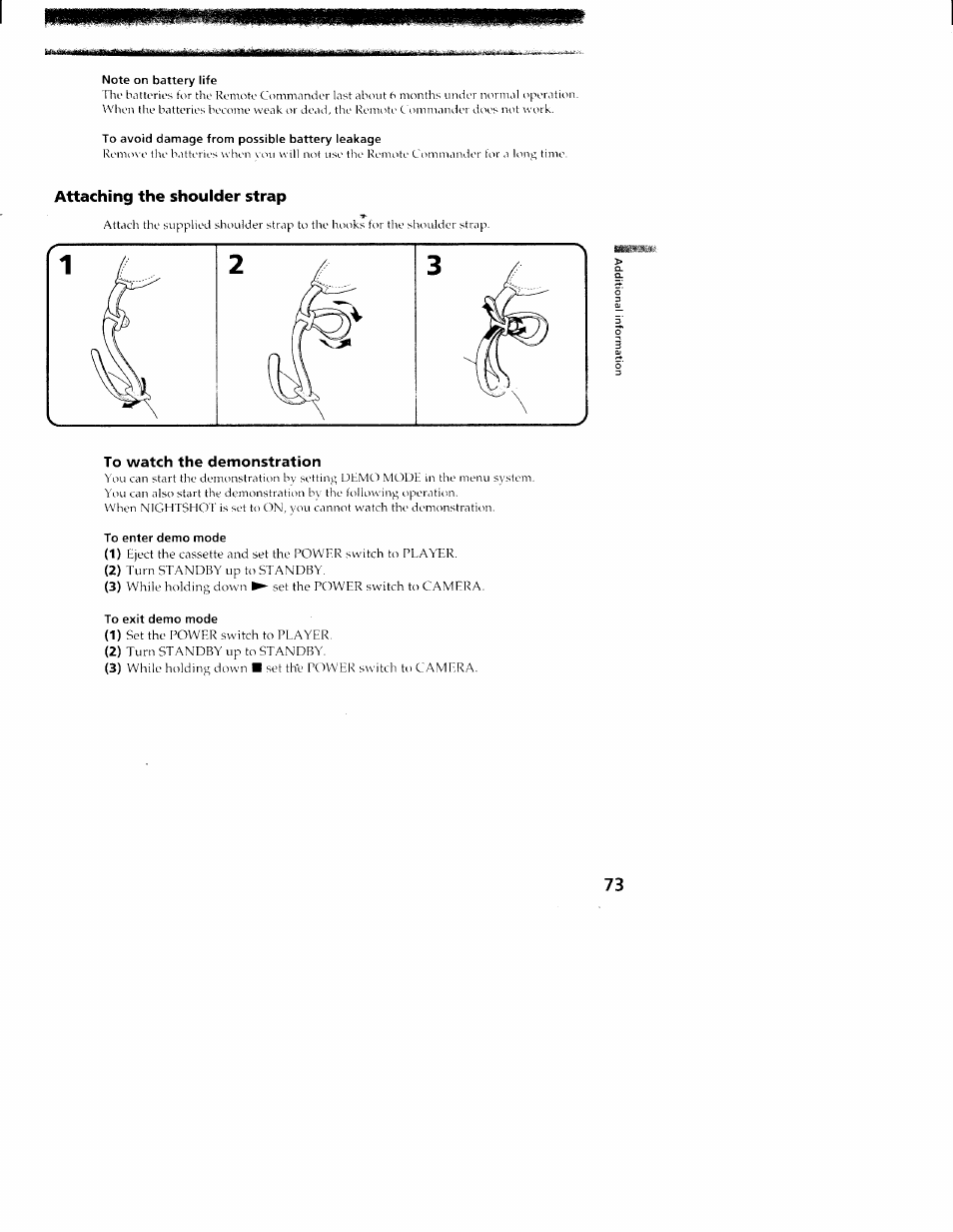 Note on battery life, To avoid damage from possible battery leakage, Attaching the shoulder strap | To watch the demonstration, To enter demo mode, To exit demo mode | Sony CCD-TR416 User Manual | Page 74 / 77