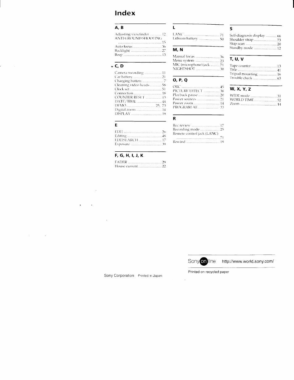 Index | Sony CCD-TR416 User Manual | Page 77 / 77