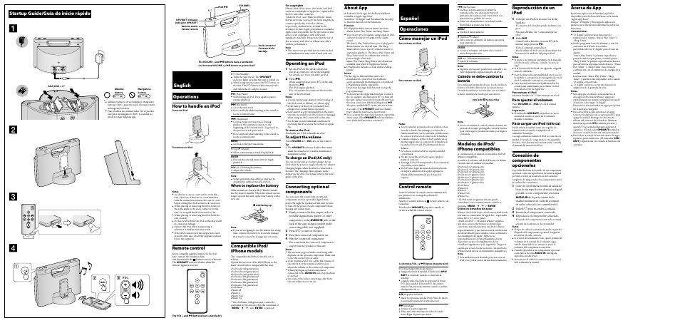 English operations, Startup guide/guía de inicio rápido, Español operaciones | Operating an ipod, Connecting optional components, About app, How to handle an ipod, Remote control, Compatible ipod/ iphone models, Reproducción de un ipod | Sony RDP-M7iP User Manual | Page 2 / 2