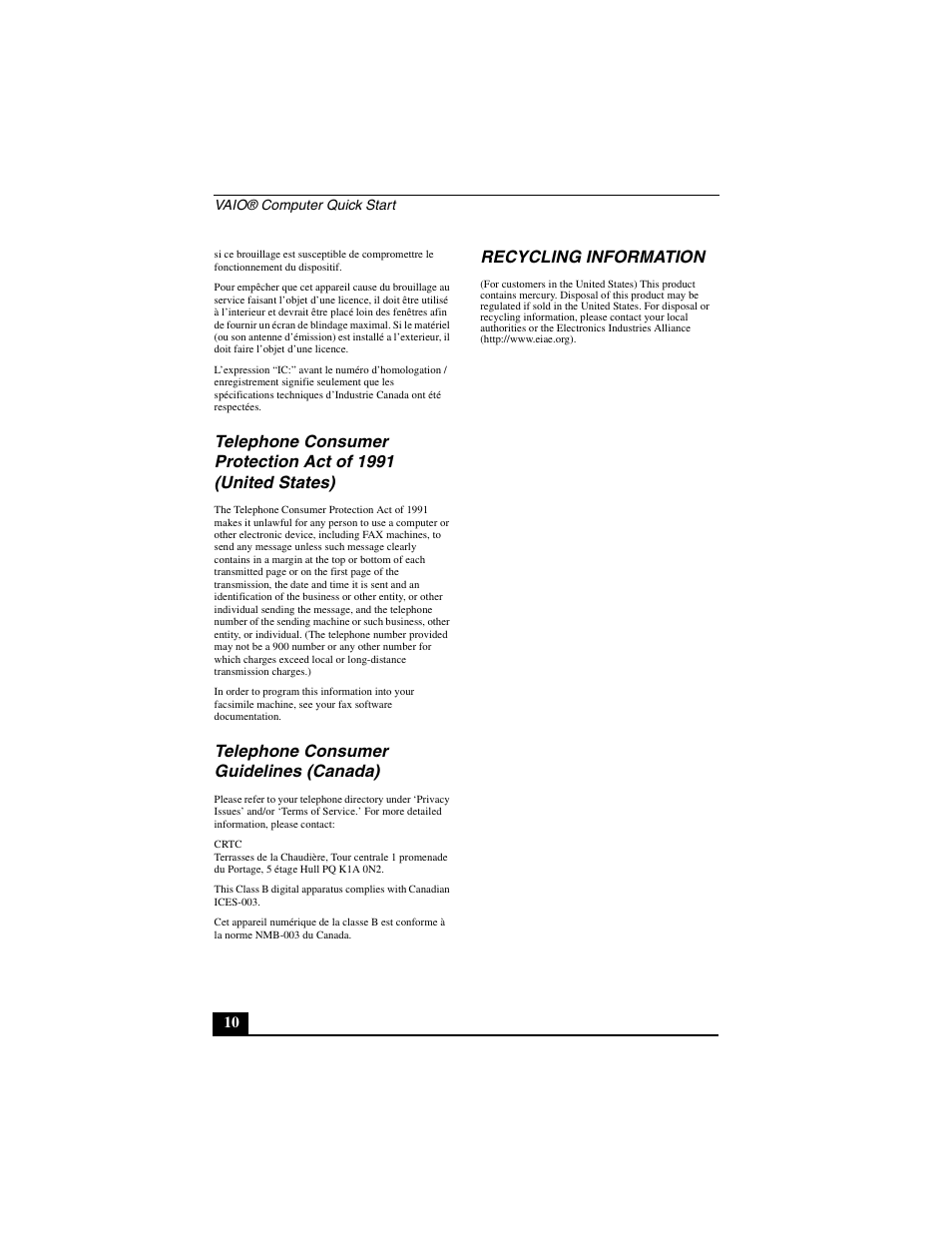 Telephone consumer guidelines (canada), Recycling information | Sony VGN-A600B User Manual | Page 10 / 48