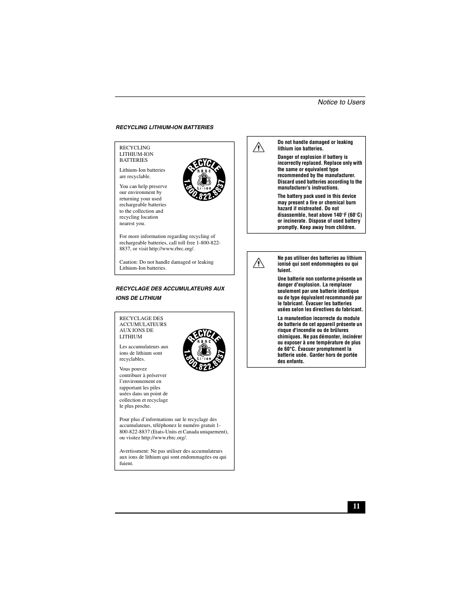 Notice to users | Sony VGN-A600B User Manual | Page 11 / 48