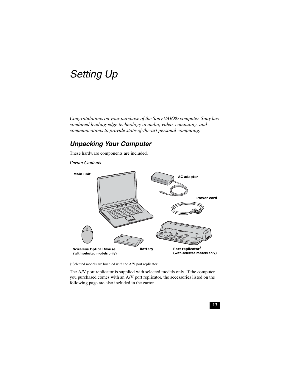 Setting up, Unpacking your computer | Sony VGN-A600B User Manual | Page 13 / 48