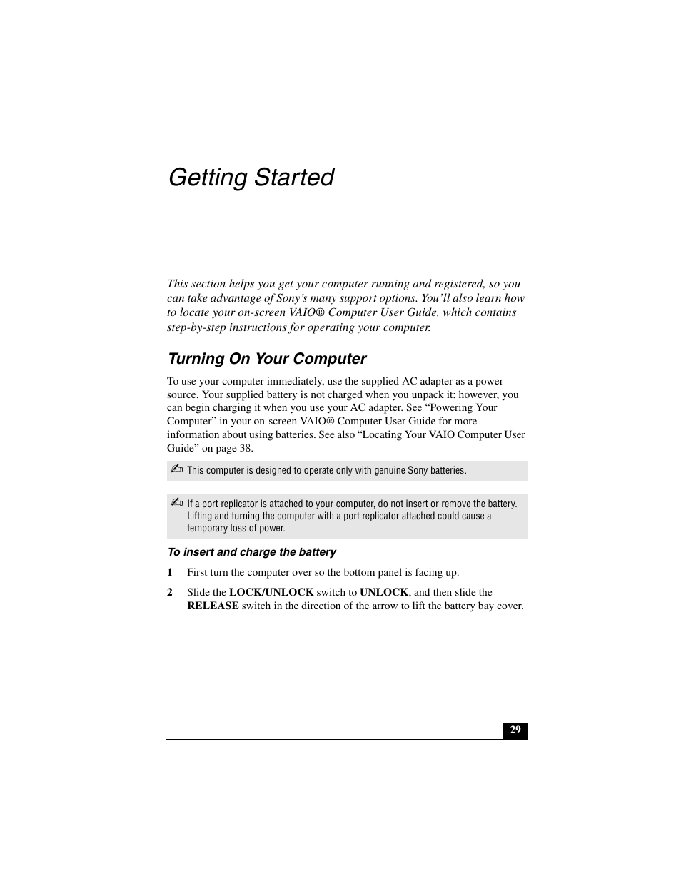Getting started, Turning on your computer | Sony VGN-A600B User Manual | Page 29 / 48
