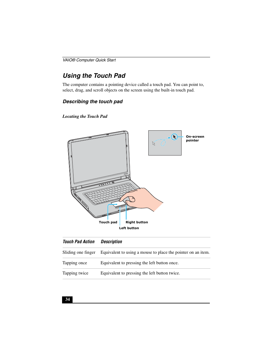 Using the touch pad | Sony VGN-A600B User Manual | Page 34 / 48