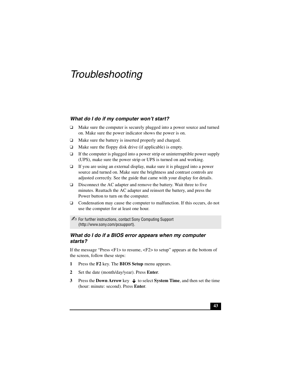 Troubleshooting | Sony VGN-A600B User Manual | Page 43 / 48