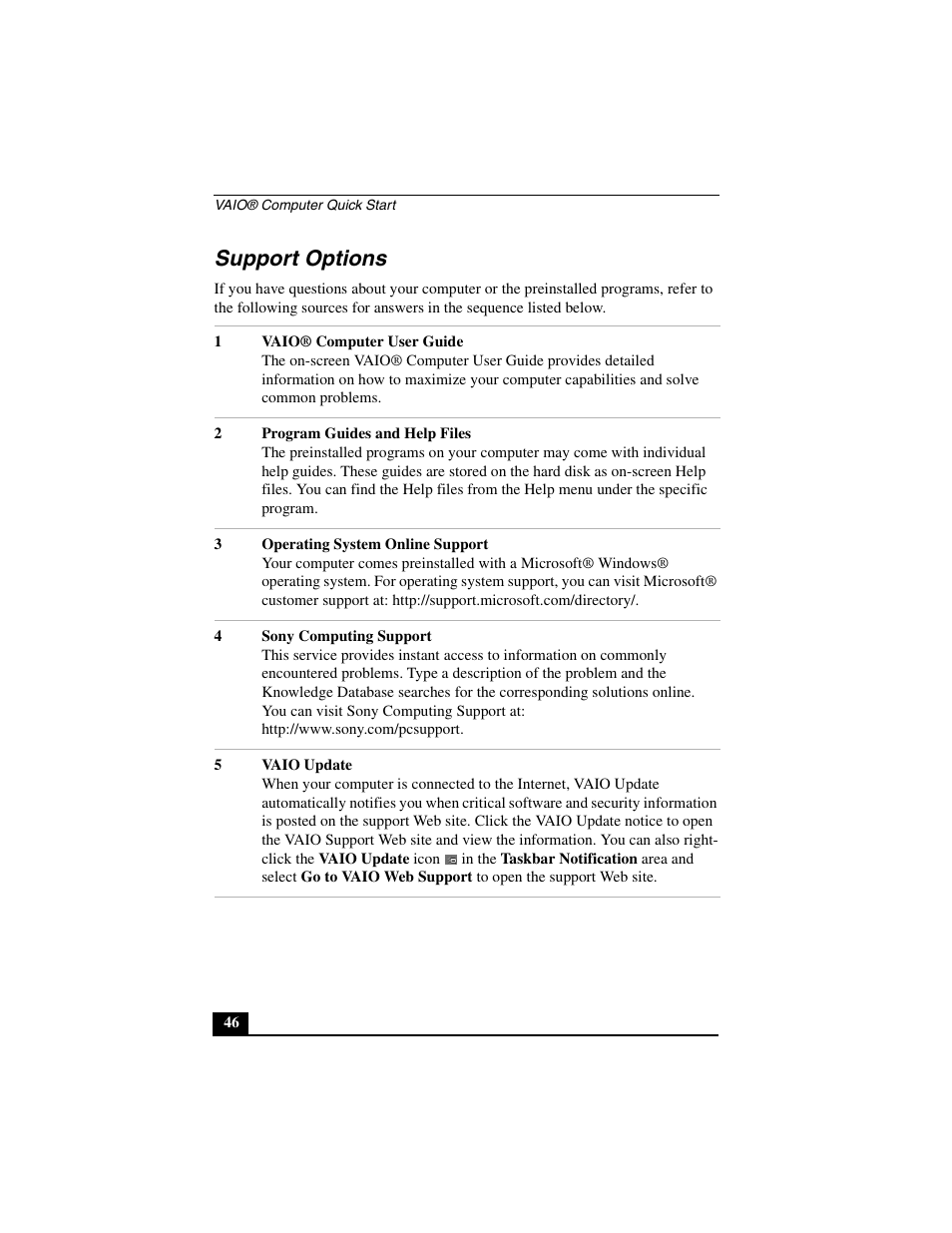Support options | Sony VGN-A600B User Manual | Page 46 / 48