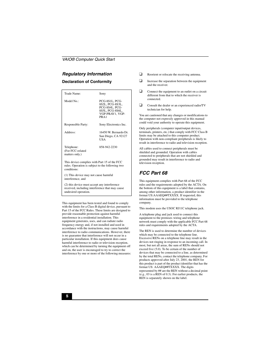 Fcc part 68, 8regulatory information | Sony VGN-A600B User Manual | Page 8 / 48