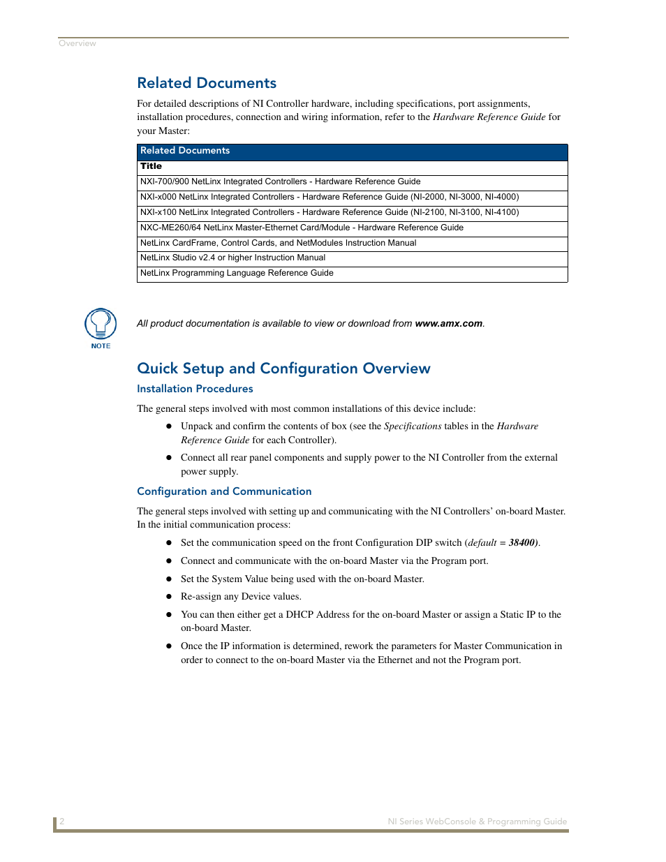 Related documents, Quick setup and configuration overview, Installation procedures | Configuration and communication | AMX NI-2100/3100/4100 User Manual | Page 10 / 154