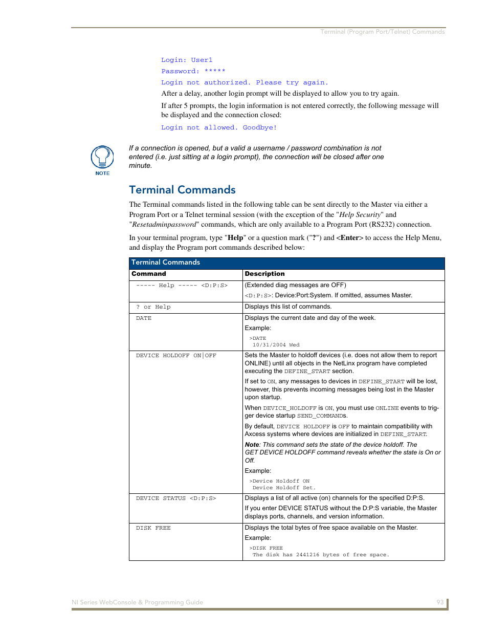 Terminal commands | AMX NI-2100/3100/4100 User Manual | Page 101 / 154