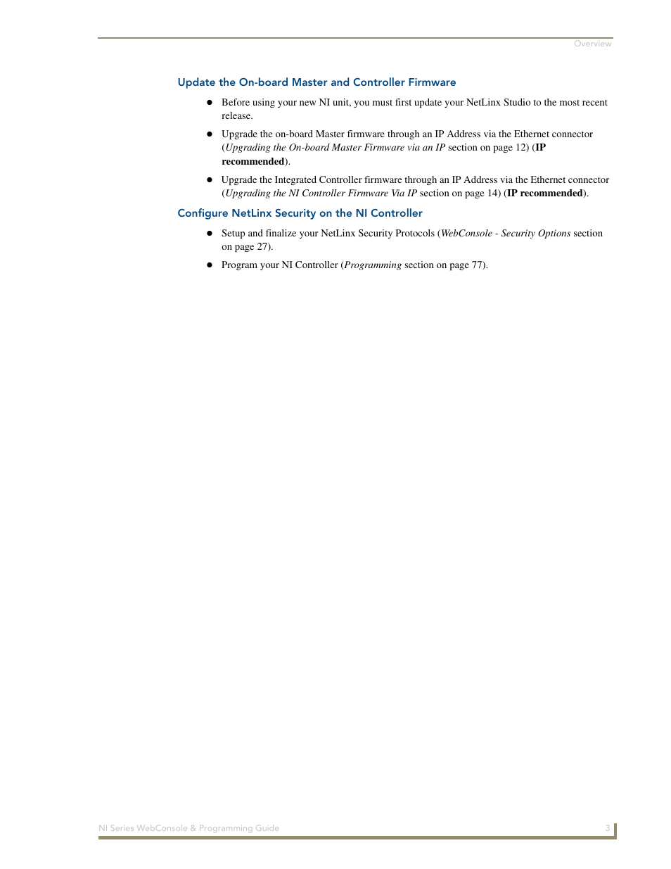 Update the on-board master and controller firmware, Configure netlinx security on the ni controller | AMX NI-2100/3100/4100 User Manual | Page 11 / 154