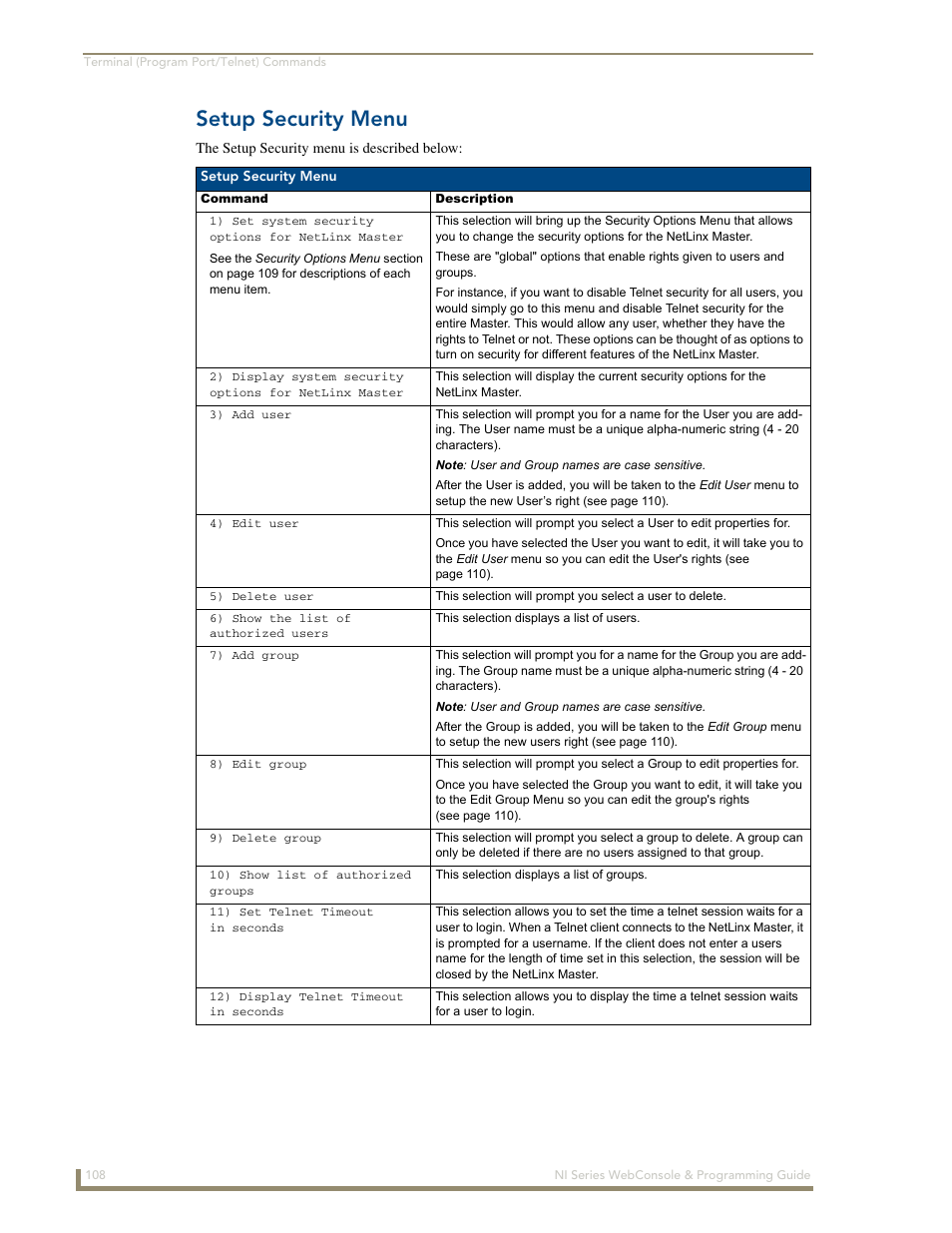 Setup security menu | AMX NI-2100/3100/4100 User Manual | Page 116 / 154