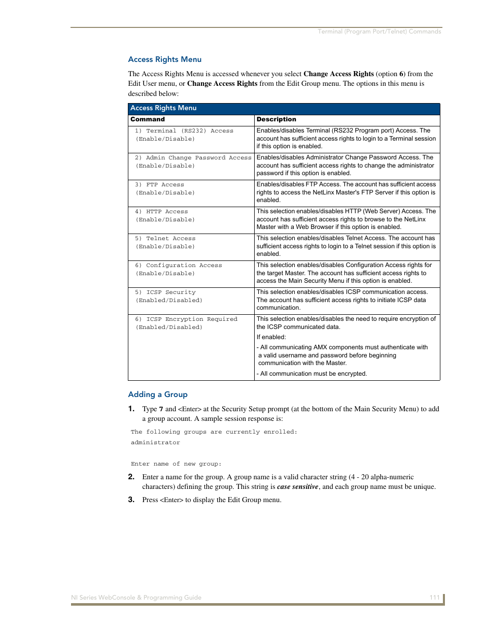 Access rights menu, Adding a group | AMX NI-2100/3100/4100 User Manual | Page 119 / 154