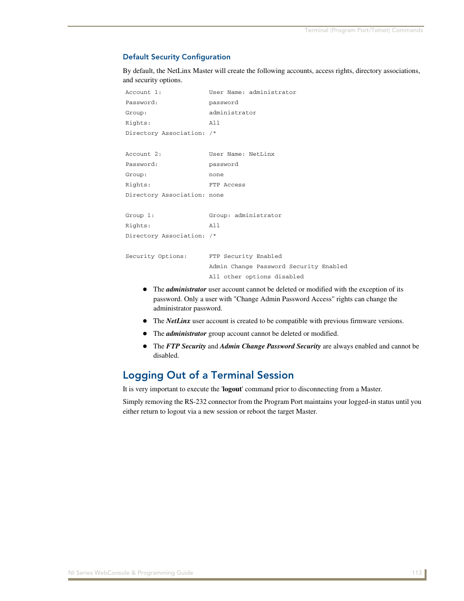 Default security configuration, Logging out of a terminal session | AMX NI-2100/3100/4100 User Manual | Page 121 / 154