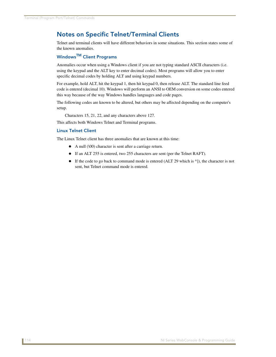 Notes on specific telnet/terminal clients, Windowstm client programs, Linux telnet client | AMX NI-2100/3100/4100 User Manual | Page 122 / 154