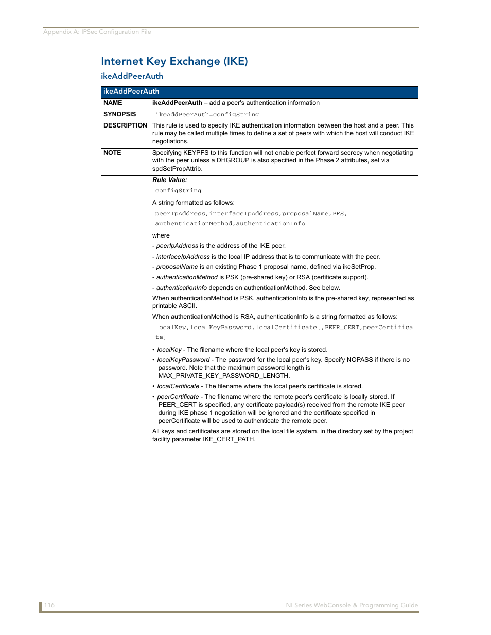 Internet key exchange (ike), Ikeaddpeerauth | AMX NI-2100/3100/4100 User Manual | Page 124 / 154