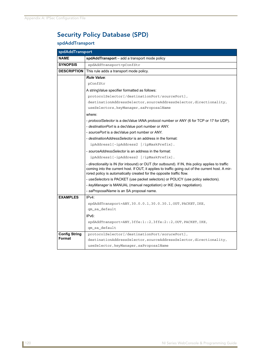 Security policy database (spd), Spdaddtransport | AMX NI-2100/3100/4100 User Manual | Page 128 / 154